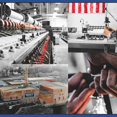 A collage of images of the factories for Faribault Mill, U-Turn Audio and Steelport Knife Co.