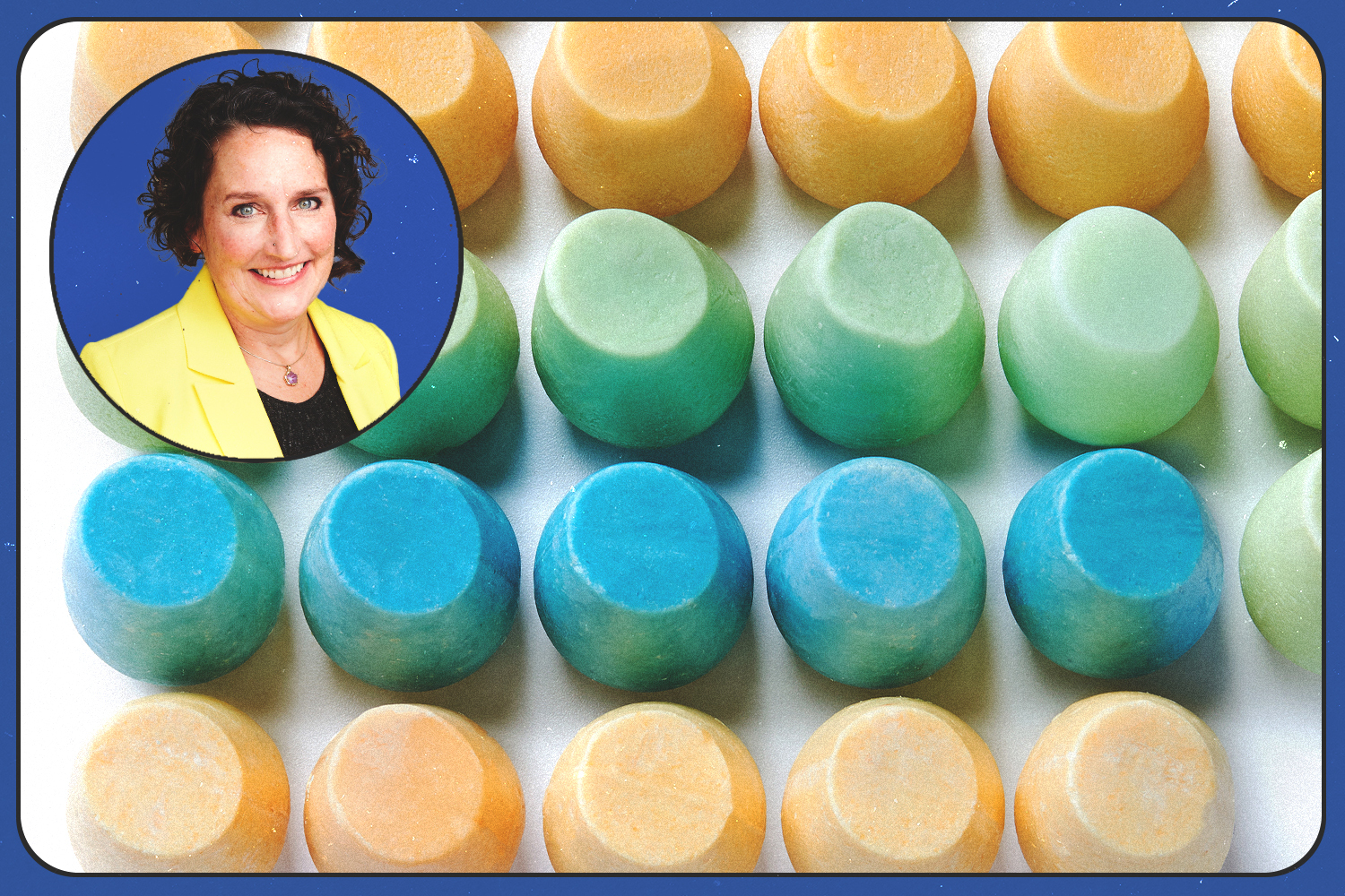 A photo of Nora Schaper, cofounder and president of HiBar, in the corner of an image showing the company's solid shampoo and conditioner bars