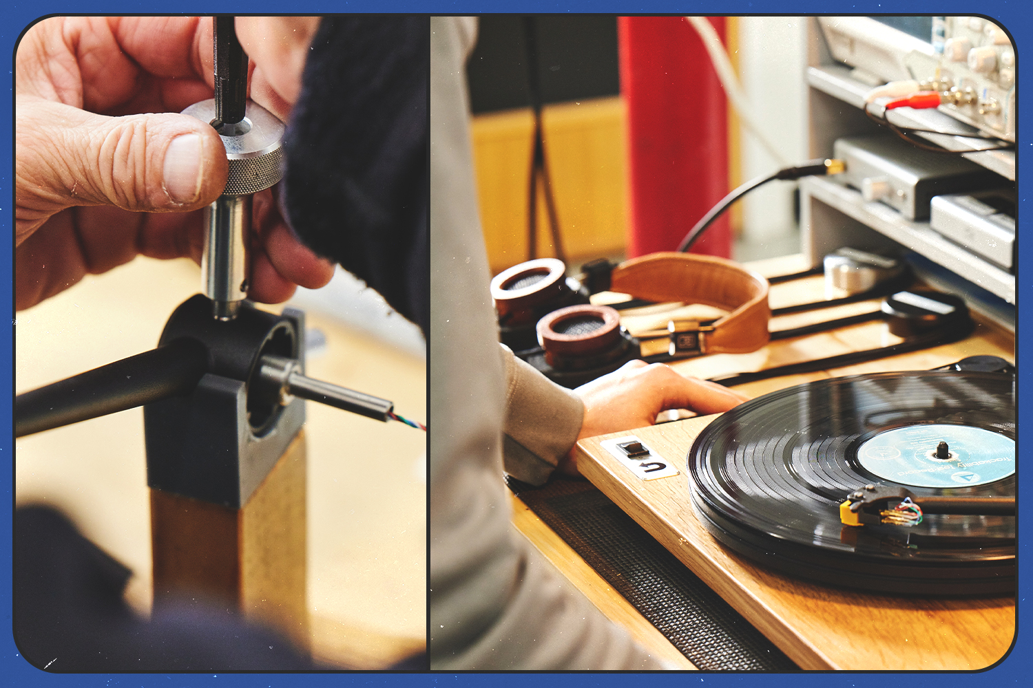 Two close-up images of turntables being made at U-Turn Audio's facility in Woburn, Massachusetts