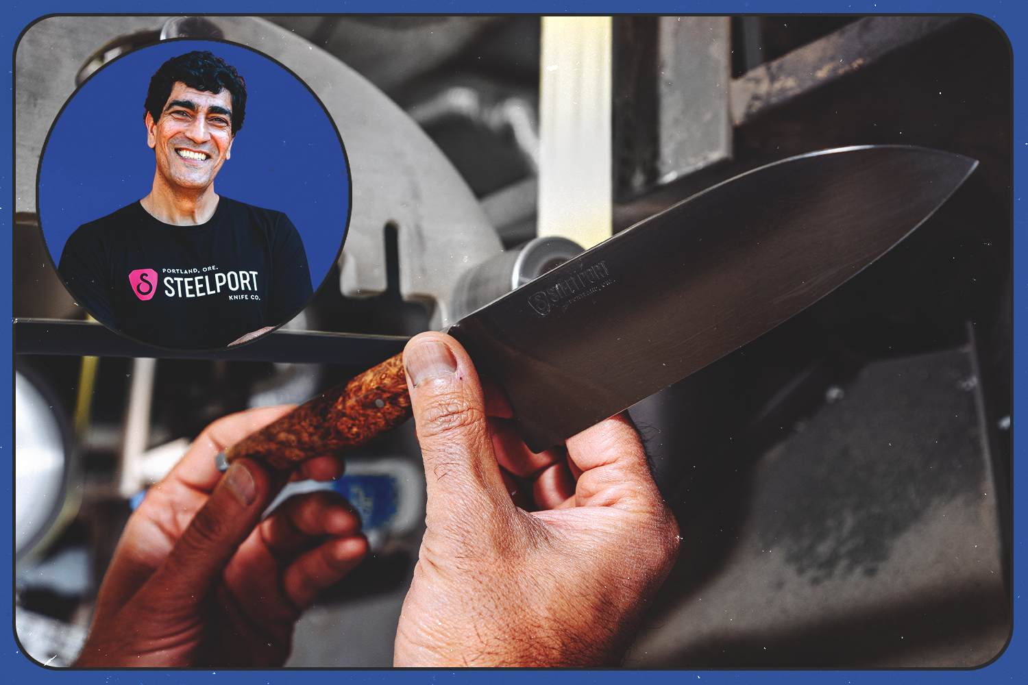 A photo of Ron Khormaei, CEO and founder of Steelport Knife Co., on top of an image of one of his carbon steel knives