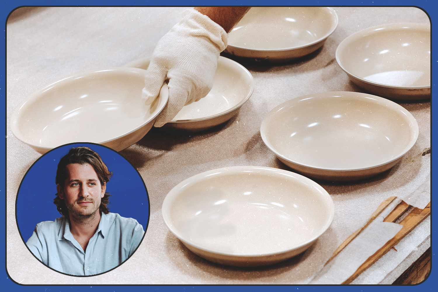 A photo of Made In cofounder Jake Kalick in the corner of an image of the brand's ceramic cookware being made in Wisconsin