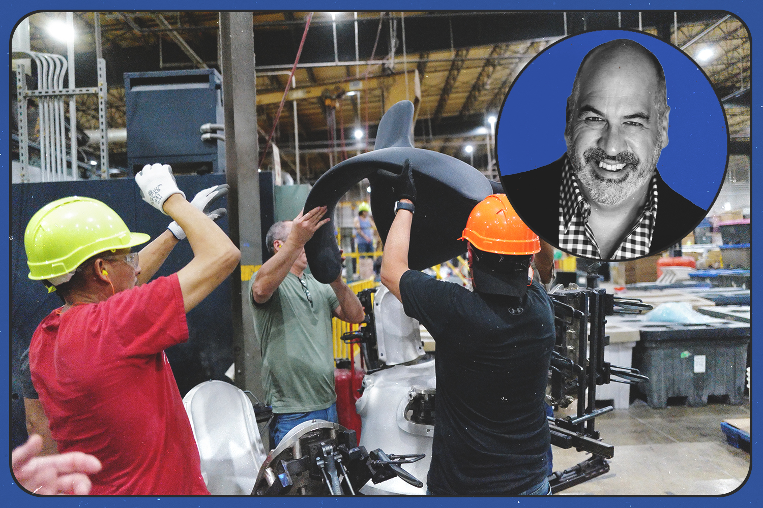 A photo of John Edelman, CEO of Heller Furniture, over an image of one of the company's chairs being made