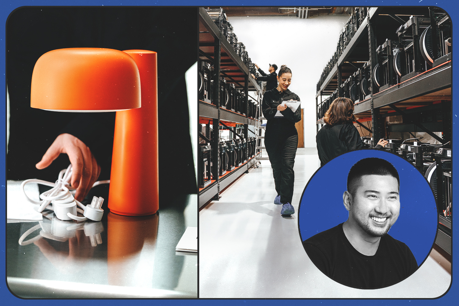 A photo of Ian Yang, cofounder and CEO of Gantri, in the corner of an image showing the company's lighting and its Bay Area factory