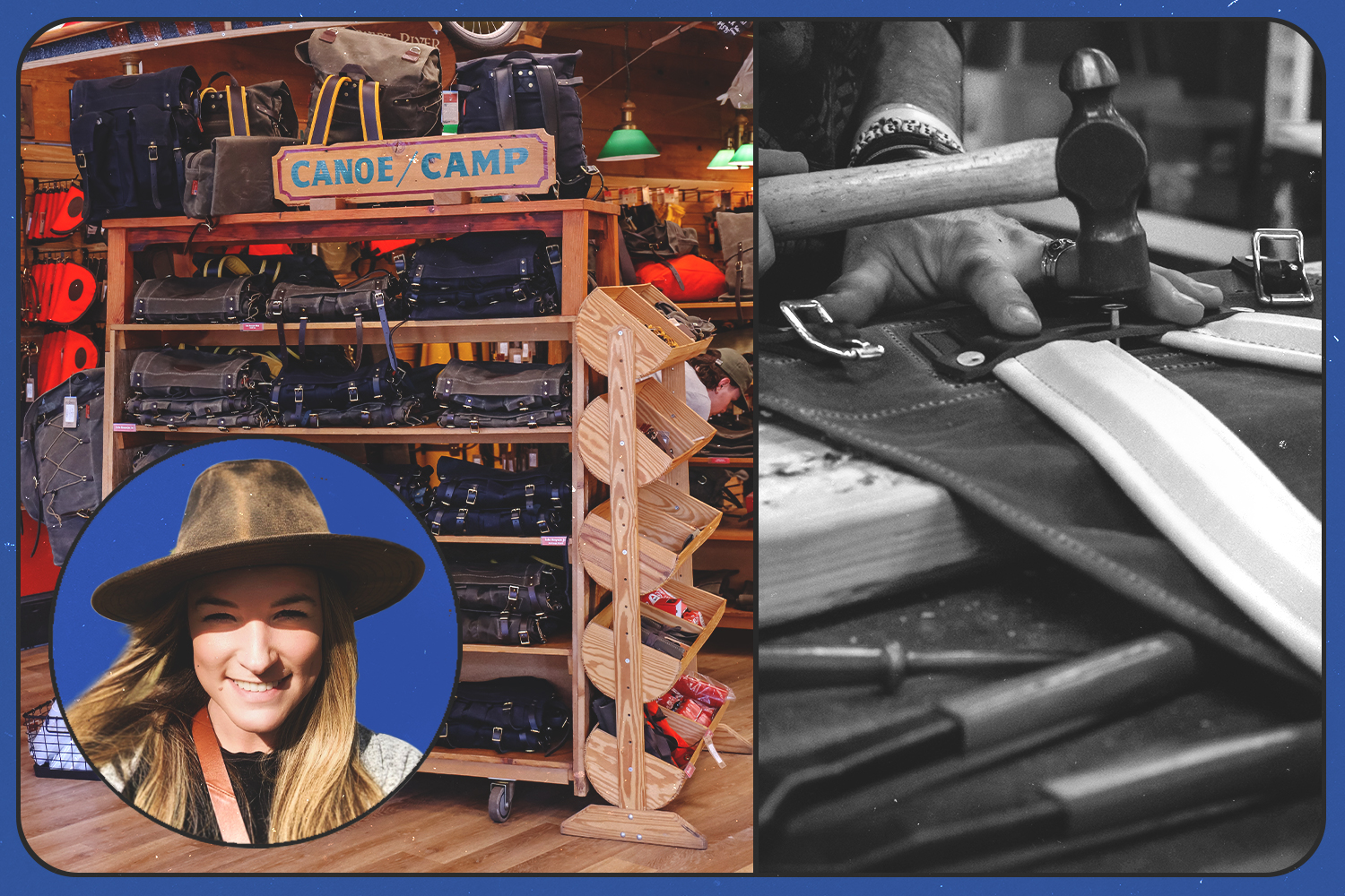 A photo of Steph Anderson, vice president of Frost River, in the corner in front of the Duluth company's bags being made and on display for sale