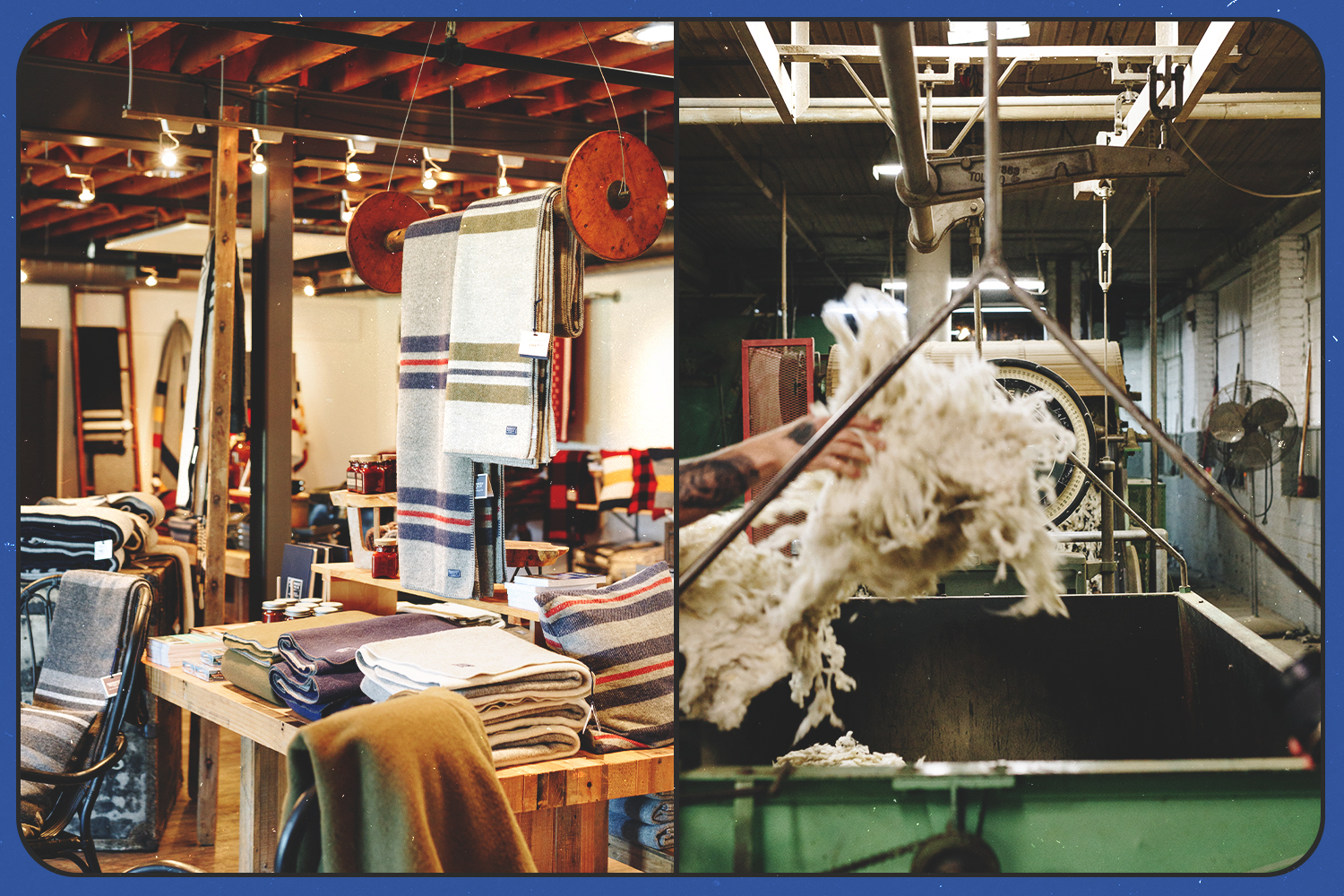 Left: Faribault Mill's blankets on display for sale. Right: The wool being processed in Faribault's factory.