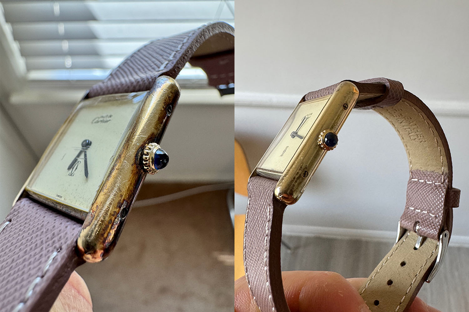 A Cartier Tank after it was serviced by WatchCheck