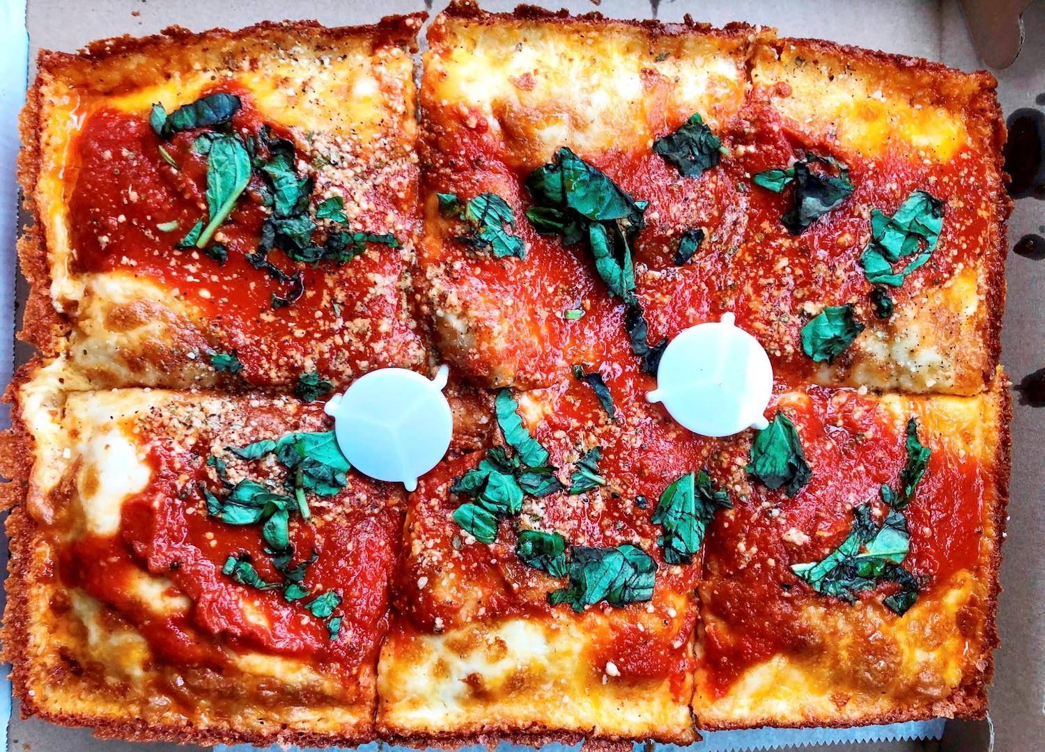 A Detroit-style pizza pie from The Pizzeria