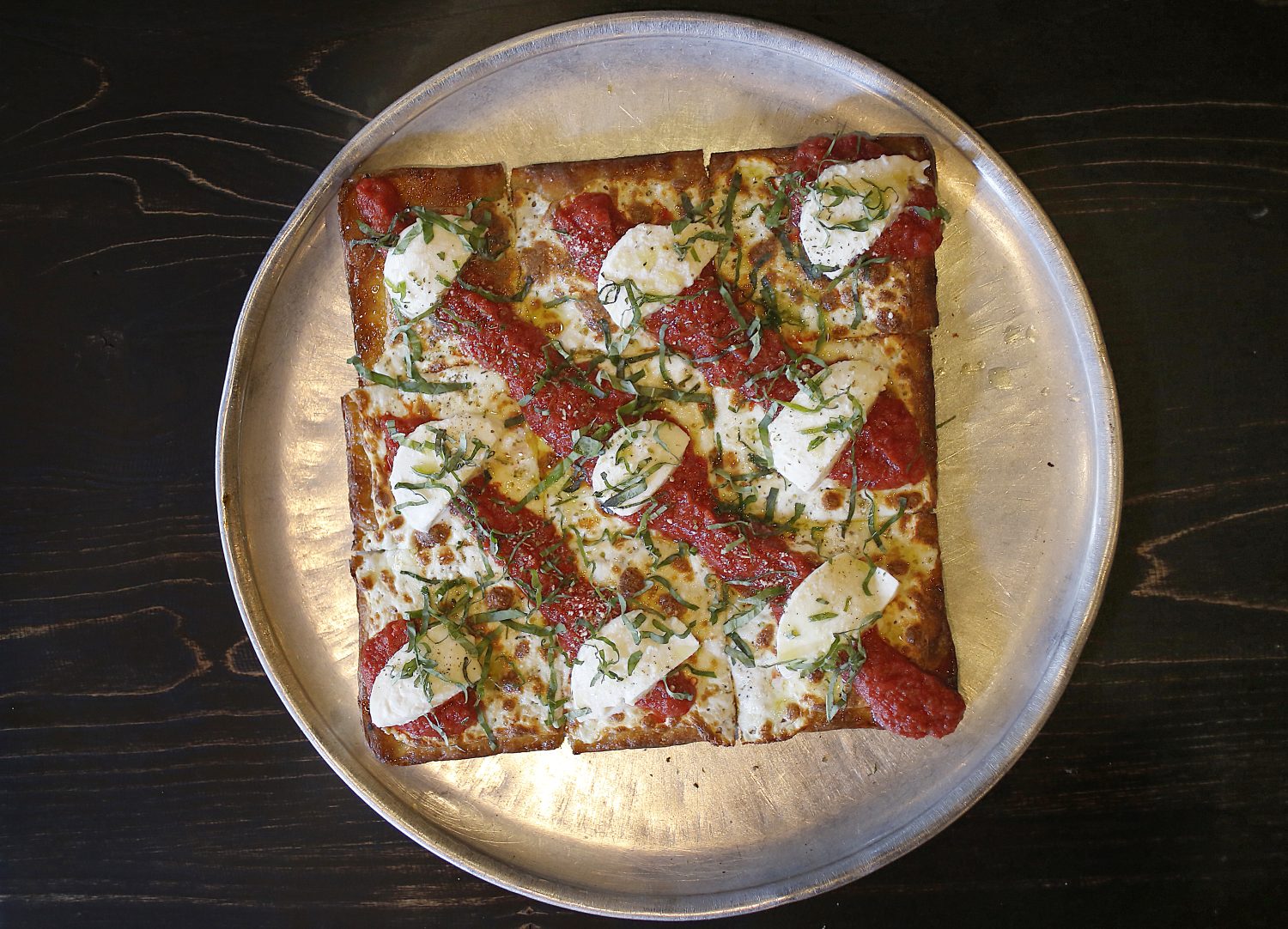 A rectangular Grandma style pizza.