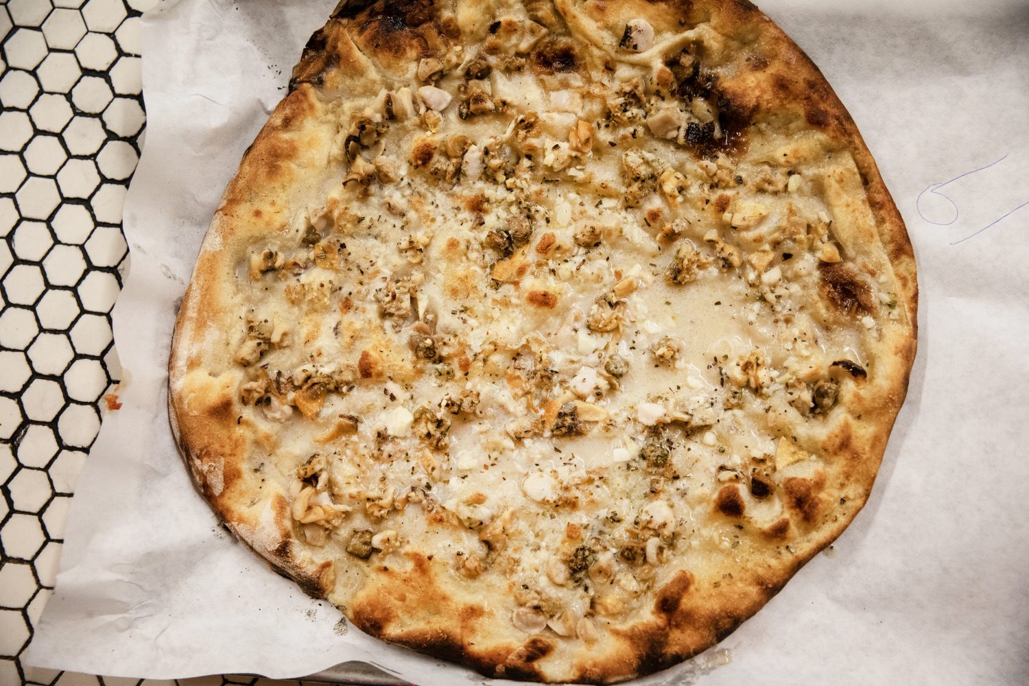 Clam pie from Frank Pepe Pizzeria in New Haven, Connecticut.