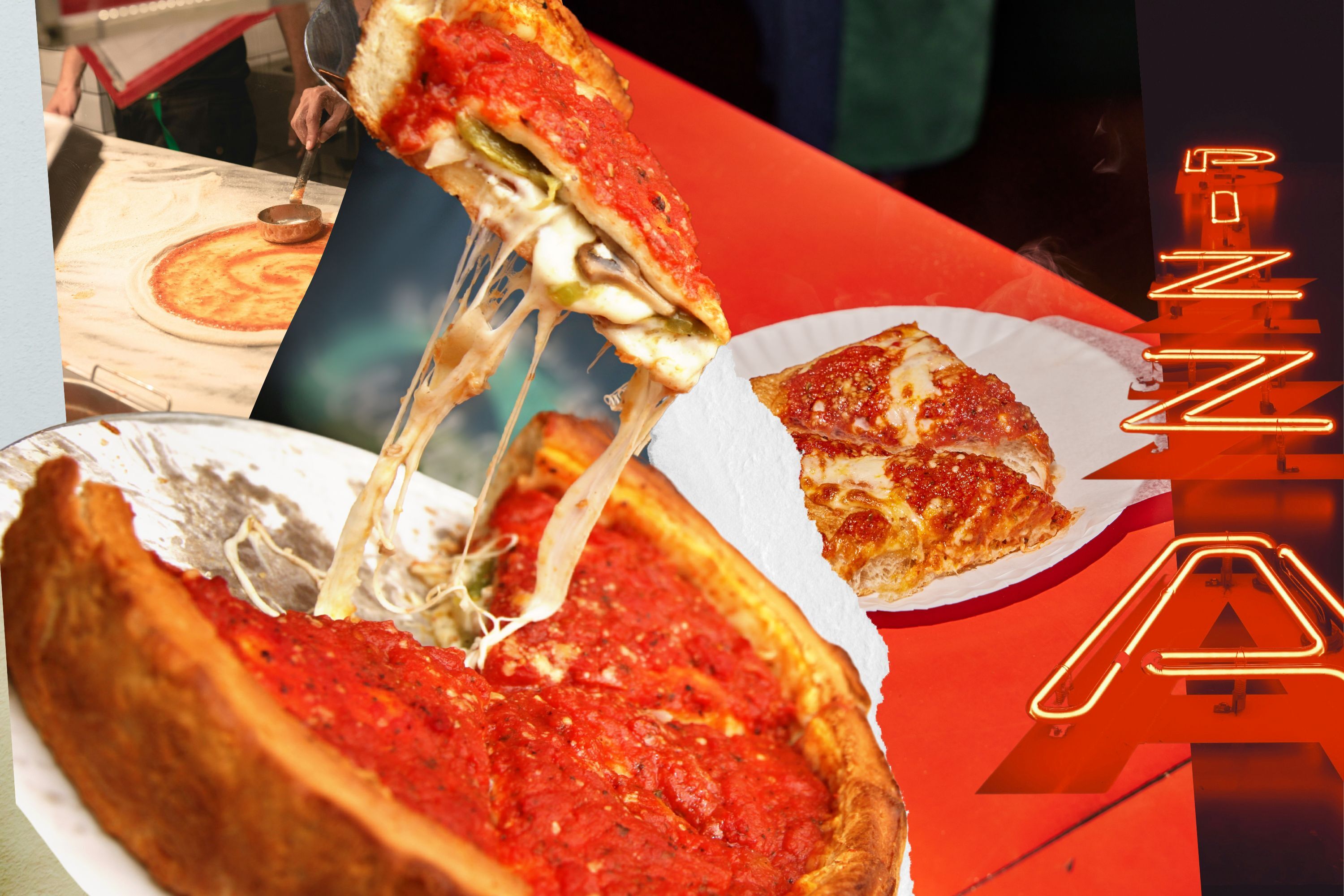 different styles of pizza in a collage next to a neon pizza sign