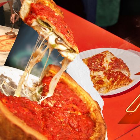 different styles of pizza in a collage next to a neon pizza sign