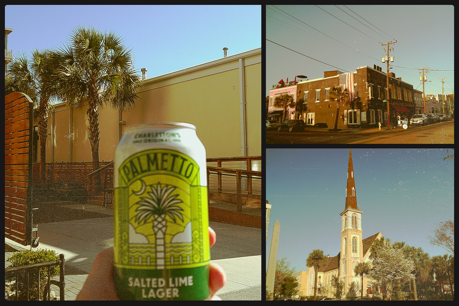 Three images showing scenes from Charleston: a salted-lime lager can, a a bar, a church.