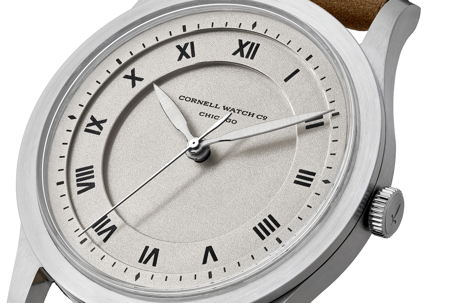 The dial on the Lozier from Cornell Watch Company, which is milled from a single block of German silver