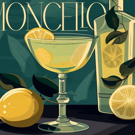 an illustration of a bottle and glass of limoncello with fresh lemons