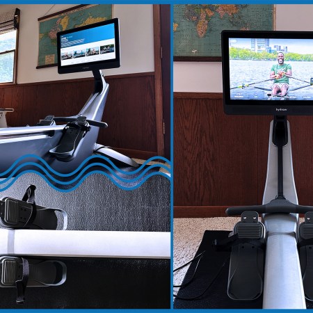 Three photos of the Hydrow Pro Rower in my home. I tested the rowing machine for a month for this review.