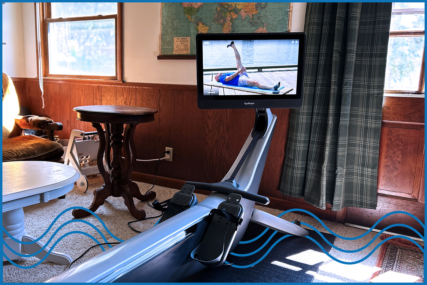 The Hydro Pro rowing machine, seen with its 22-inch screen pivoted to the right side