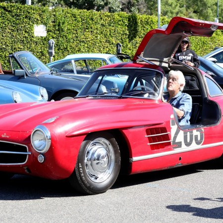 Jay Leno in a classic Mercedes gullwing. The TV host is advocating for a smog-check exemption law in California now known as "Leno's Law."