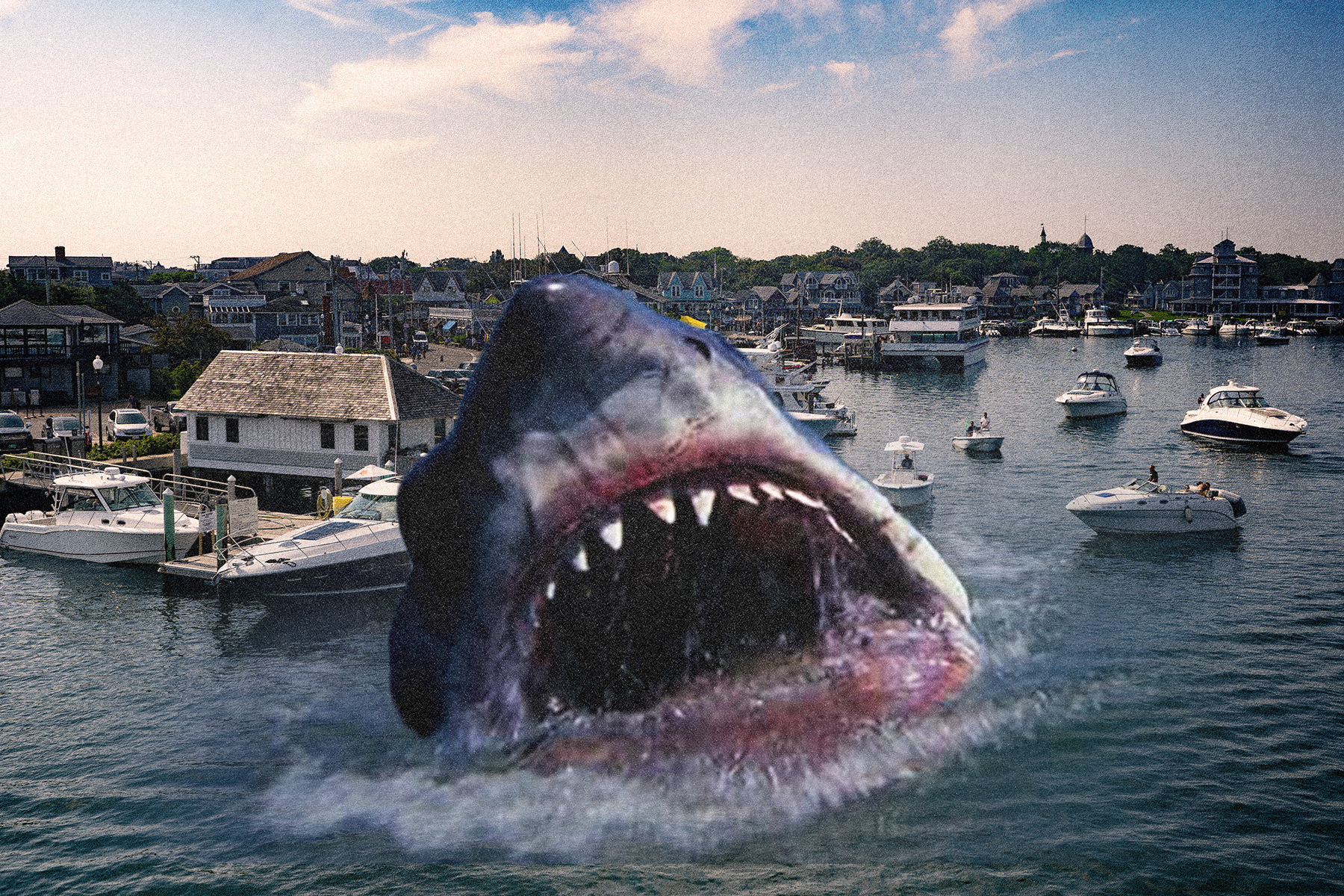 The shark from the movie "Jaws," which turns 50 in 2025, seen over a photo of boats off the coast of Martha's Vineyard