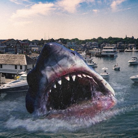The shark from the movie "Jaws," which turns 50 in 2025, seen over a photo of boats off the coast of Martha's Vineyard