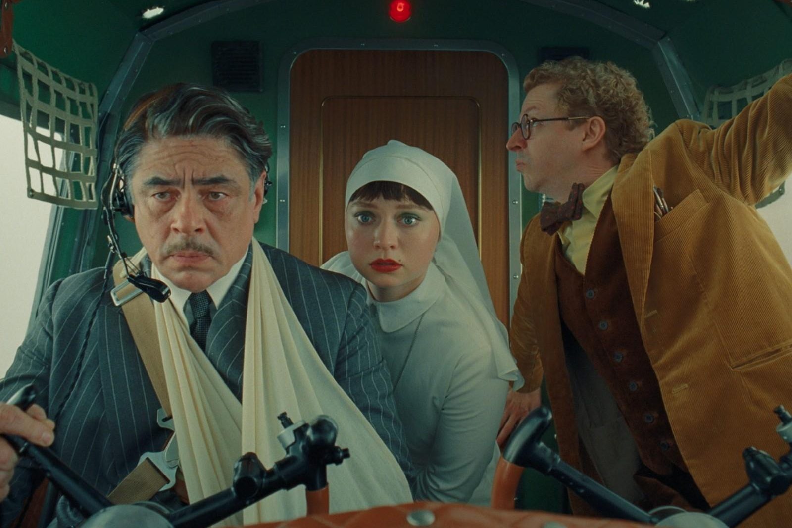 Benicio del Toro, Mia Threapleton and Michael Cera in Wes Anderson's "The Phoenician Scheme"