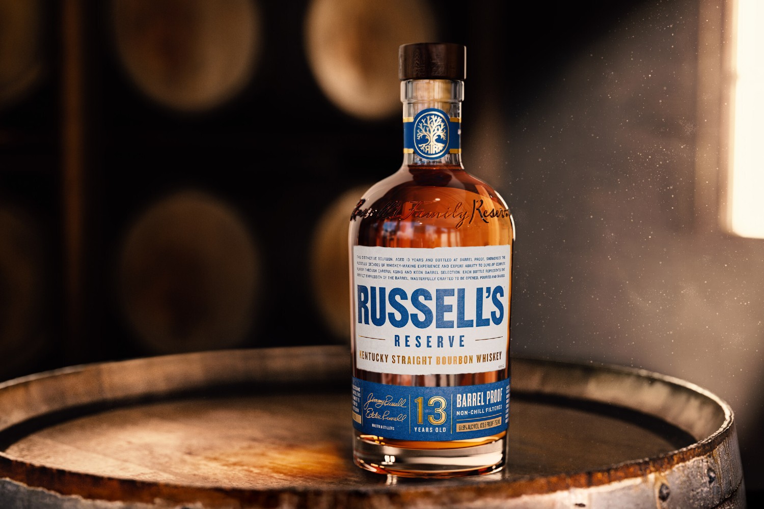 Russell's Reserve 13 bottle on a barrel