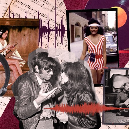 A photo illustration of women listening to music and a man and woman talking about music