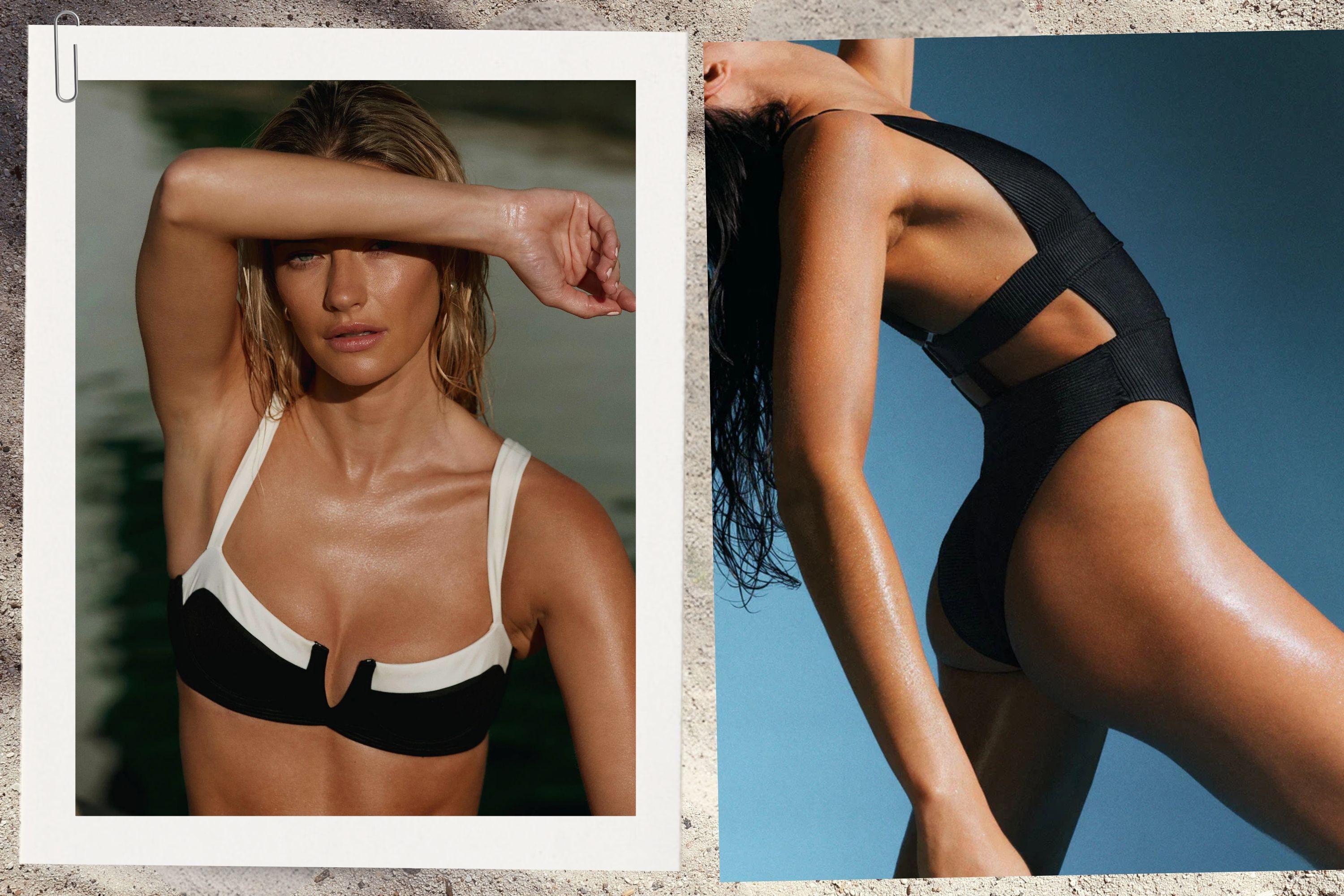a photo of a woman in a black and white bikini next to the photo of a woman in a black one-piece swimsuit