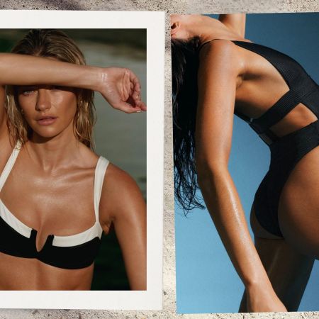 a photo of a woman in a black and white bikini next to the photo of a woman in a black one-piece swimsuit