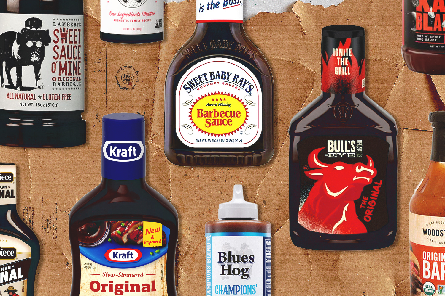 bottles of bbq sauce on a brown background