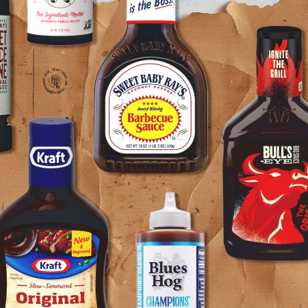 bottles of bbq sauce on a brown background