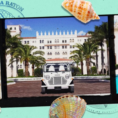 the boca raton hotel in a collage with seashells