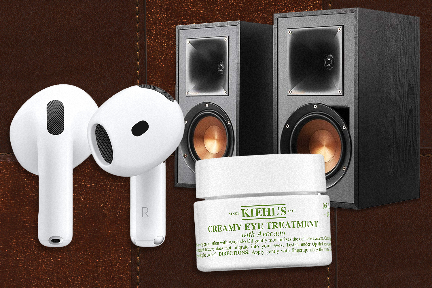 A collage of Apple AirPods, Kiehl's eye cream and Klipsch speakers, some of the best Amazon Prime Day deals