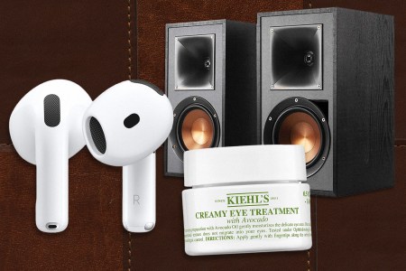 A collage of Apple AirPods, Kiehl's eye cream and Klipsch speakers, some of the best Amazon Prime Day deals