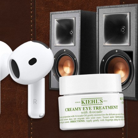 A collage of Apple AirPods, Kiehl's eye cream and Klipsch speakers, some of the best Amazon Prime Day deals