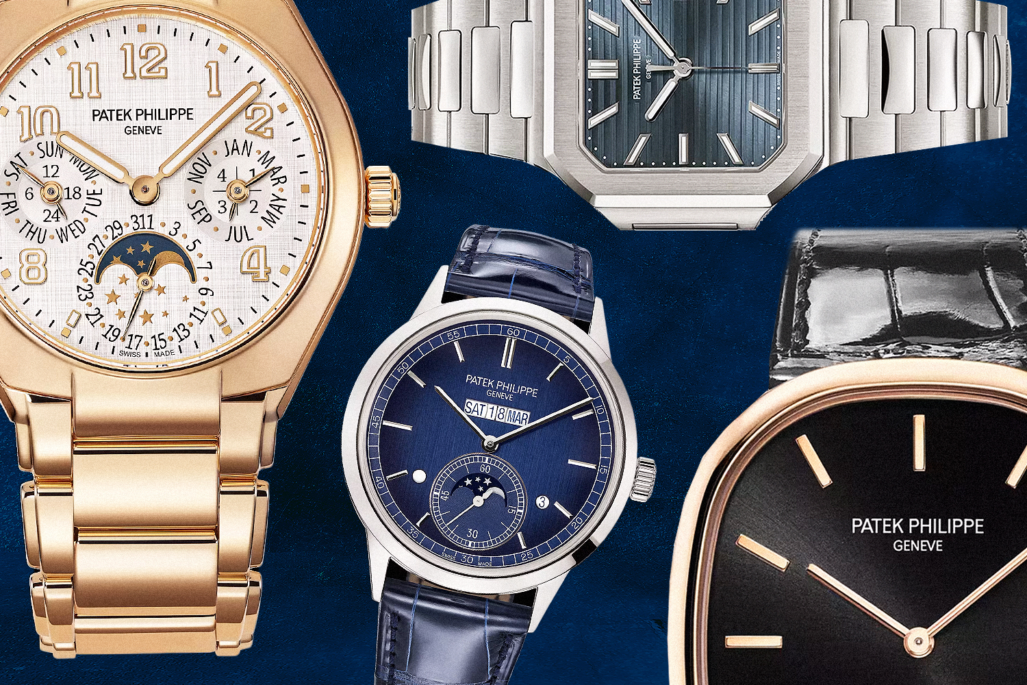 A collage of watches offered by Patek Philippe. In this guide, we break down the watchmaker's 10 product families, from Calatrava to Cubitus.