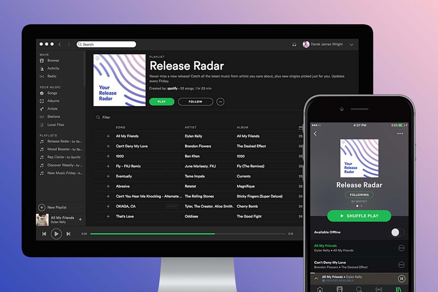 Spotify's Release Radar on a desktop and on mobile