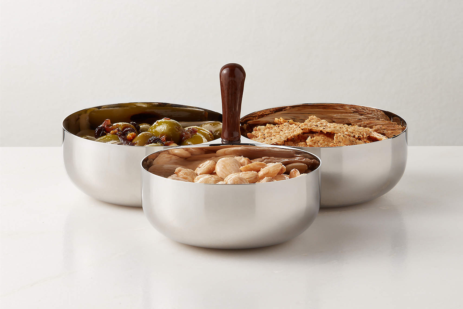 CB2 Kalman Polished Stainless Steel and Walnut Wood Serving Bowl Trio