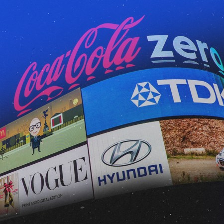 A photo illustration of ads being beamed across the night sky. Space advertising is closer to reality than most people think.