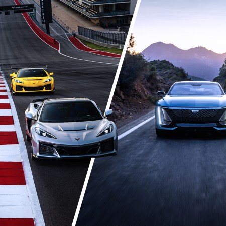 A yellow and white Chevrolet Corvette ZR1X on the left side, with a Cadillac Celestiq EV on the right side