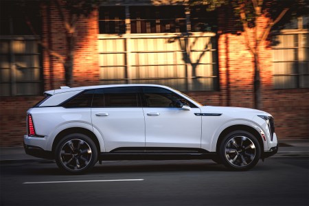 The 2026 Cadillac Escalade iQ, the new electric version of the iconic SUV, seen here in profile in white