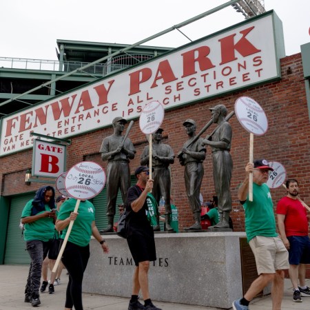 Striking workers at Fenway Park
