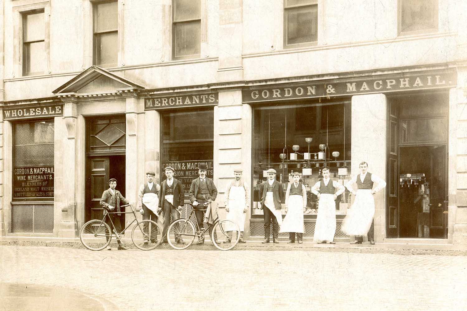 An undated archival photo of the Gordon & MacPhail shop in Elgin