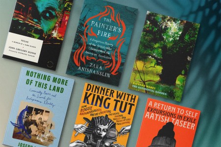 Several book colors against a tropical background