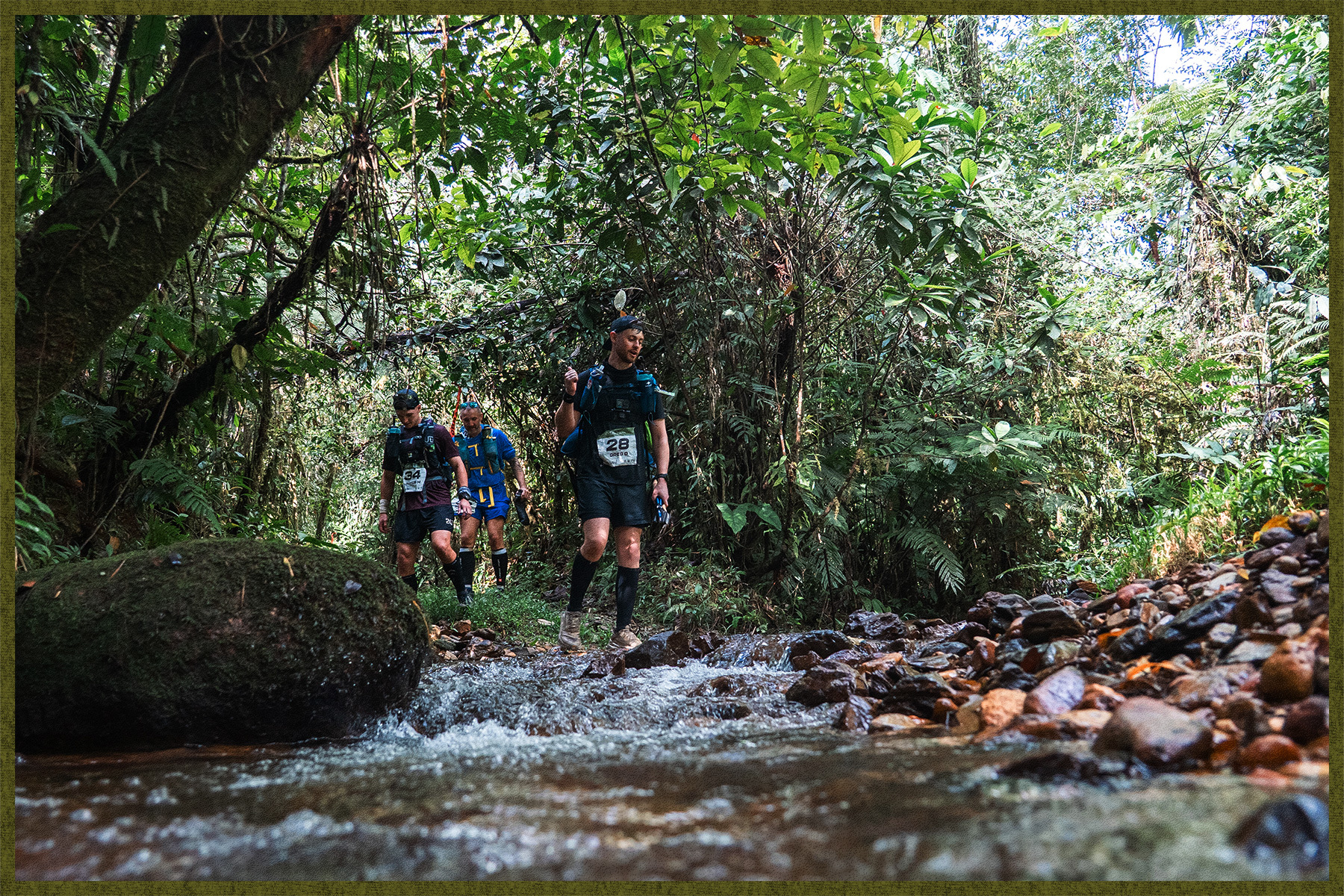 A trio of runners come upon a river in the jungle.