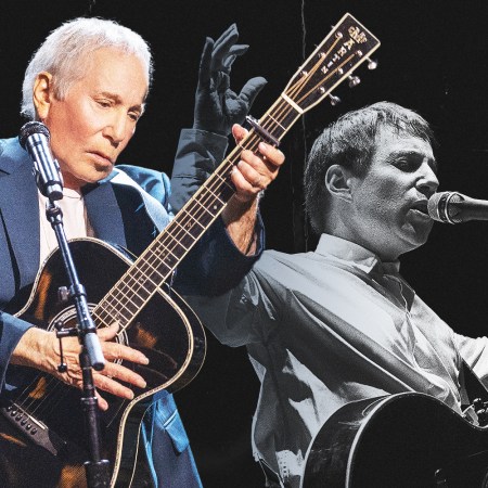 Left: A photo of Paul Simon performing during the "Homeward Bound" special on December 21, 2022; Right: Simon on stage in Rotterdam in February 1987.