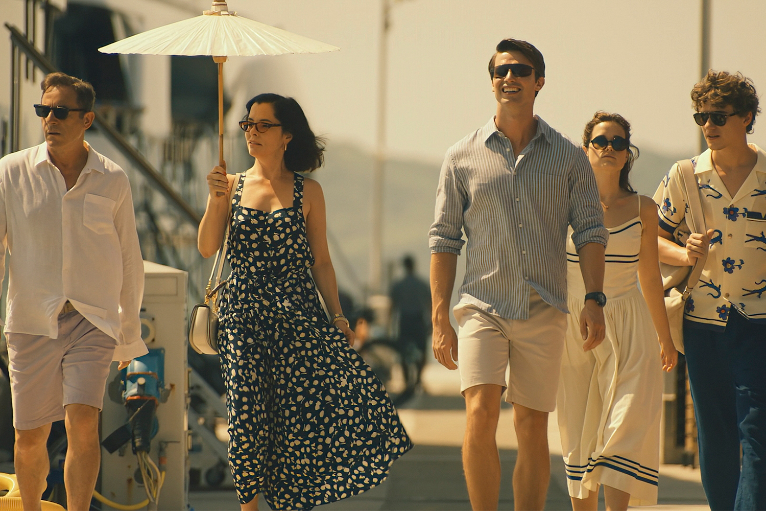 Jason Isaacs, Parker Posey, Patrick Schwarzenegger, Sarah Catherine Hook and Sam Nivola in Season 3 of "The White Lotus"