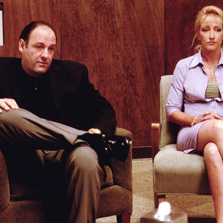 James Gandolfini as Tony Soprano and Edie Falco as Carmela Soprano seek counseling.