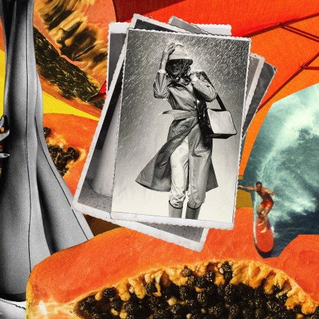 A collage with a woman's legs, fruit and a man surfing on an orange background.