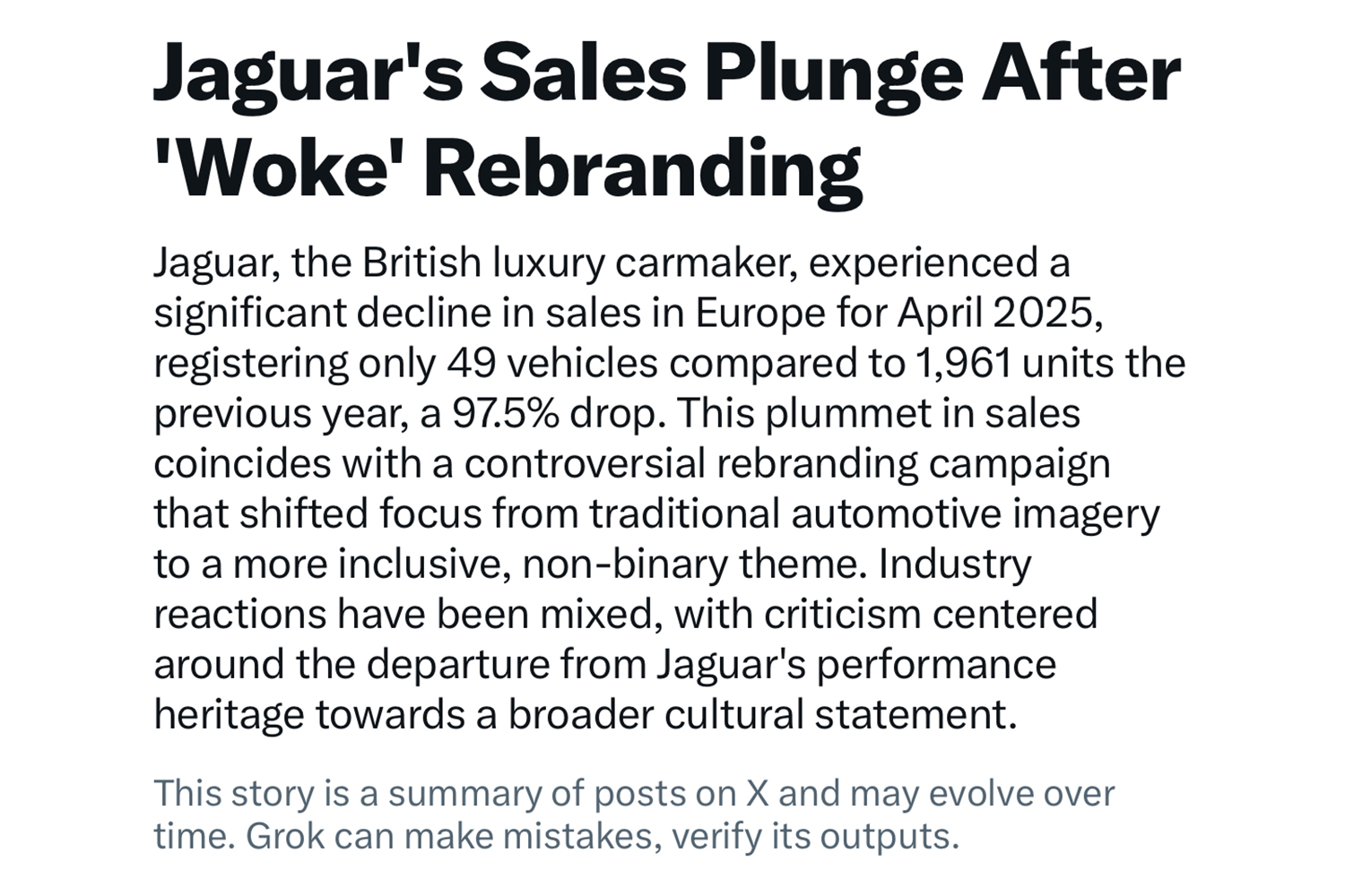 A screenshot of a news item from the X Explore page taken on Tuesday, July 1 at 8:04 p.m. CT with the headline "Jaguar's Sales Plunge After 'Woke' Rebranding"