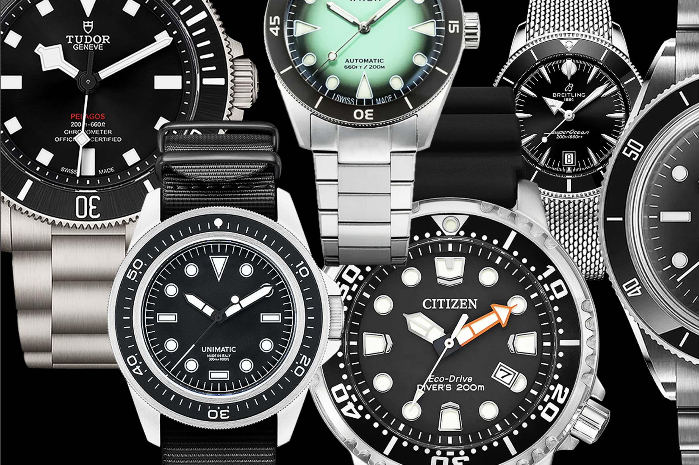 A collage of the best modern dive watches, including models from Tudor, Unimatic, Citizen and others